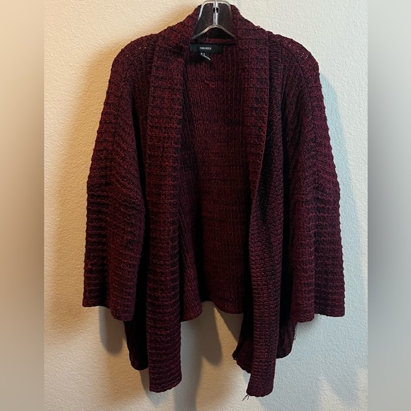 FOREVER 21 MAROON BLACK 3/4 SLEEVE OPEN DRAPE FRONT CARDIGAN SZ MED PREOWNED - Picture 1 of 7